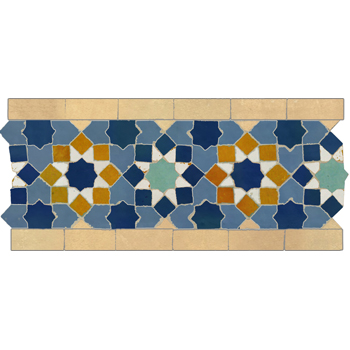 Mosaic House Moroccan tile Tarceeh 2-14-15-8-1-12 Light Blue Natural, Unglazed, Terracotta Cobalt Blue Ochre White Light Green  zellige, mosaic, zellij, border, glaze, traditional, intricate, stars, star 